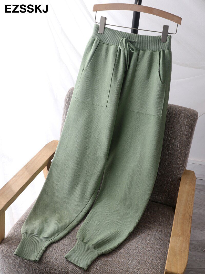 Women Elastic Waist Drawstring Trousers Thick Knitted Harem Pants Autumn Winter Sport swear Women'S Pants New Bottoms