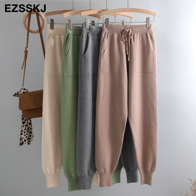 Women Elastic Waist Drawstring Trousers Thick Knitted Harem Pants Autumn Winter Sport swear Women'S Pants New Bottoms