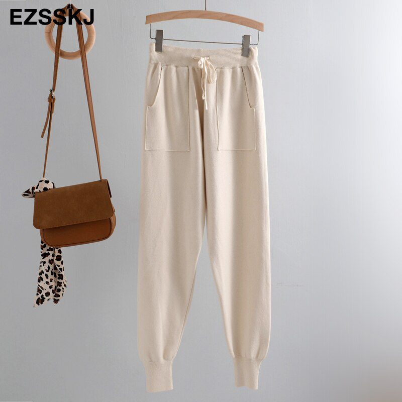 Women Elastic Waist Drawstring Trousers Thick Knitted Harem Pants Autumn Winter Sport swear Women'S Pants New Bottoms
