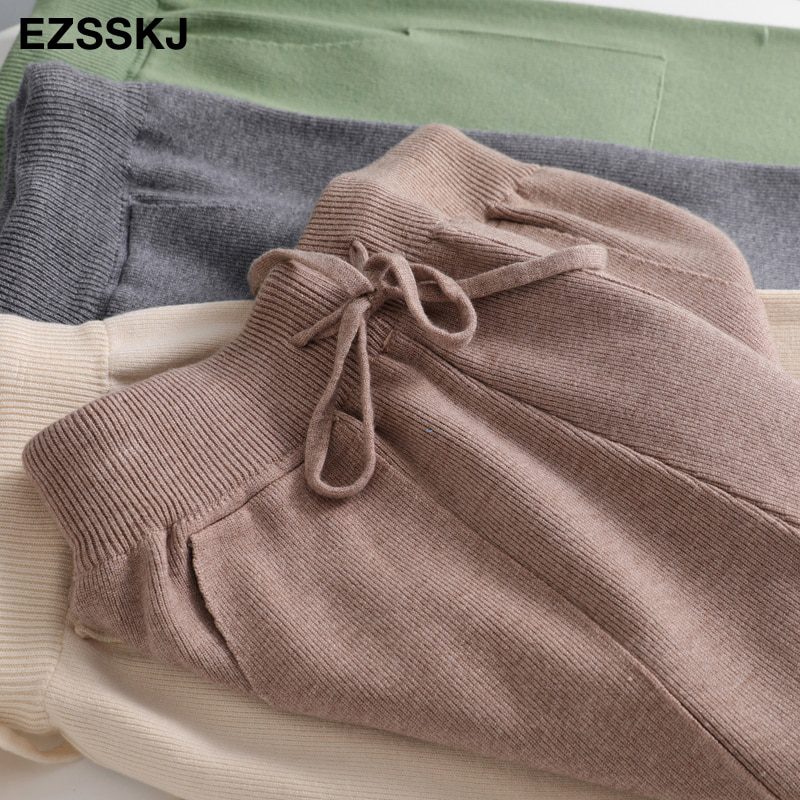 Women Elastic Waist Drawstring Trousers Thick Knitted Harem Pants Autumn Winter Sport swear Women'S Pants New Bottoms