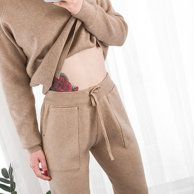 Women Elastic Waist Drawstring Trousers Thick Knitted Harem Pants Autumn Winter Sport swear Women'S Pants New Bottoms
