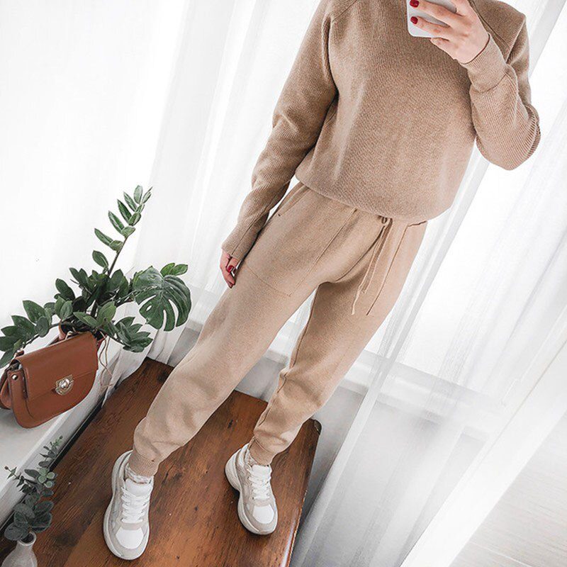 Women Elastic Waist Drawstring Trousers Thick Knitted Harem Pants Autumn Winter Sport swear Women'S Pants New Bottoms
