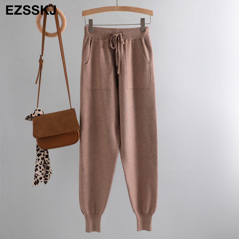 Women Elastic Waist Drawstring Trousers Thick Knitted Harem Pants Autumn Winter Sport swear Women'S Pants New Bottoms
