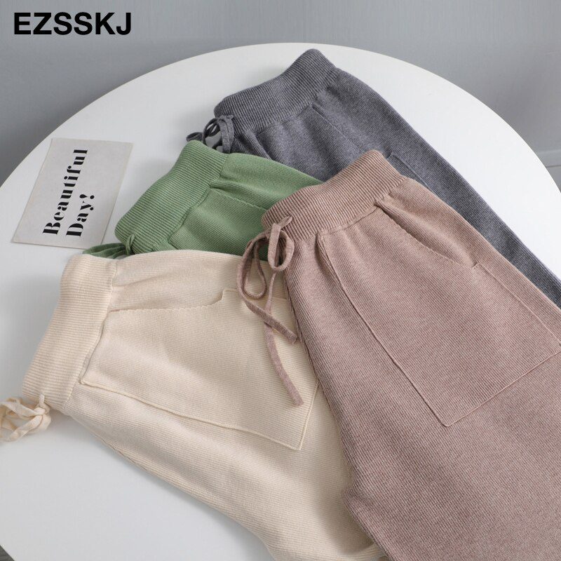 Women Elastic Waist Drawstring Trousers Thick Knitted Harem Pants Autumn Winter Sport swear Women'S Pants New Bottoms
