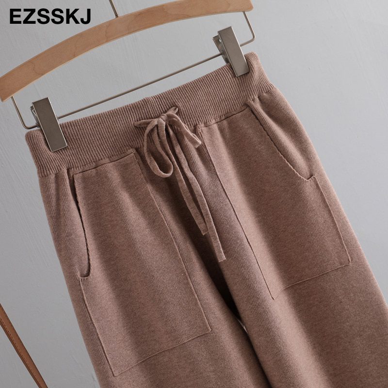 Women Elastic Waist Drawstring Trousers Thick Knitted Harem Pants Autumn Winter Sport swear Women'S Pants New Bottoms
