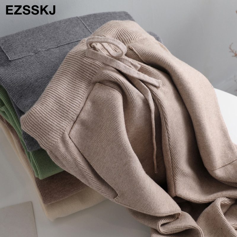 Women Elastic Waist Drawstring Trousers Thick Knitted Harem Pants Autumn Winter Sport swear Women'S Pants New Bottoms