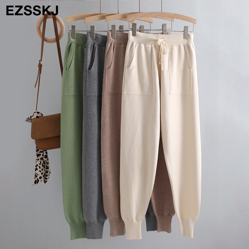 Women Elastic Waist Drawstring Trousers Thick Knitted Harem Pants Autumn Winter Sport swear Women'S Pants New Bottoms