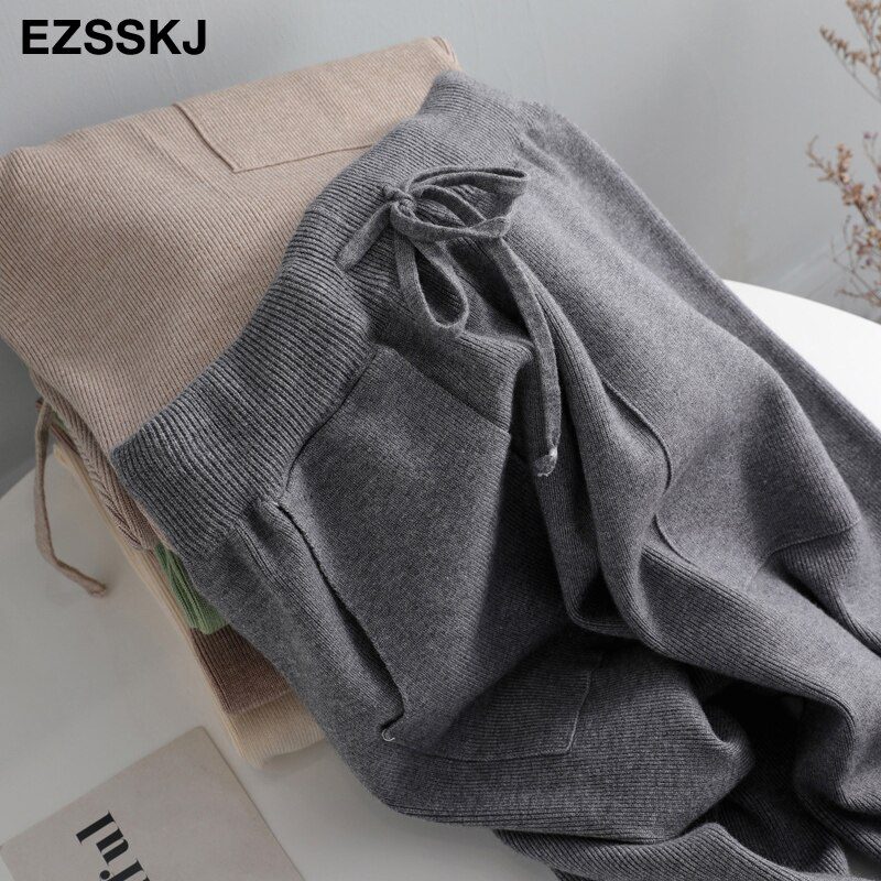 Women Elastic Waist Drawstring Trousers Thick Knitted Harem Pants Autumn Winter Sport swear Women'S Pants New Bottoms