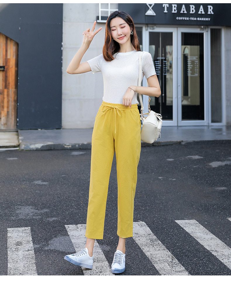 Womens Spring Summer Pants Cotton Linen Solid Elastic waist Candy Colors Harem Trousers Soft high quality for Female ladys S-XXL