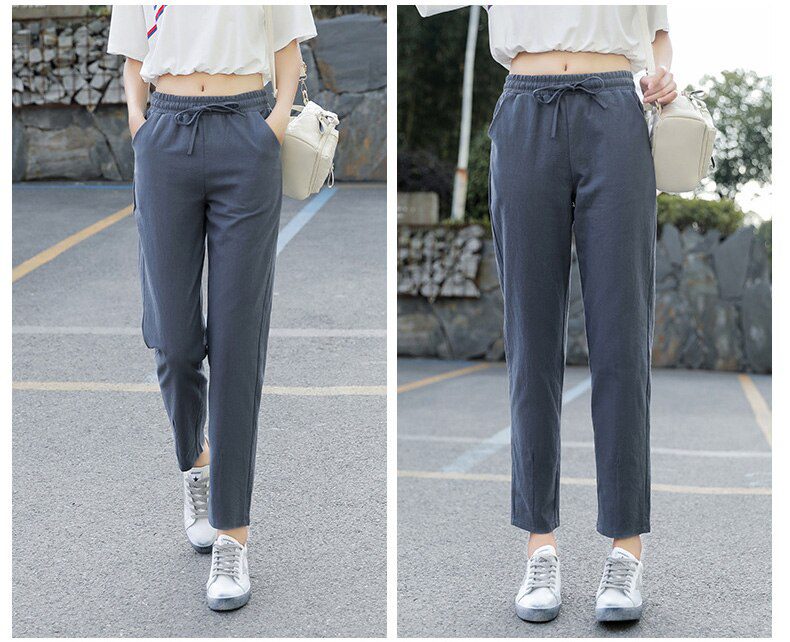 Womens Spring Summer Pants Cotton Linen Solid Elastic waist Candy Colors Harem Trousers Soft high quality for Female ladys S-XXL