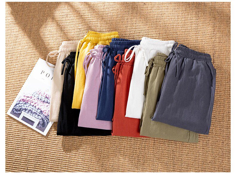 Womens Spring Summer Pants Cotton Linen Solid Elastic waist Candy Colors Harem Trousers Soft high quality for Female ladys S-XXL