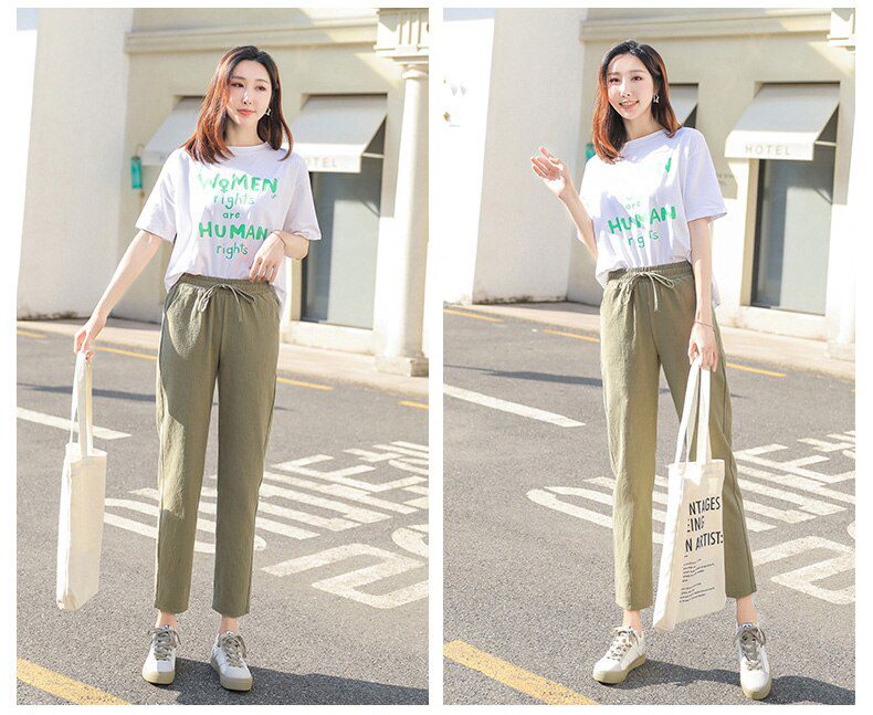 Womens Spring Summer Pants Cotton Linen Solid Elastic waist Candy Colors Harem Trousers Soft high quality for Female ladys S-XXL