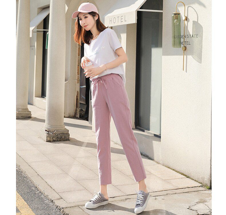 Womens Spring Summer Pants Cotton Linen Solid Elastic waist Candy Colors Harem Trousers Soft high quality for Female ladys S-XXL