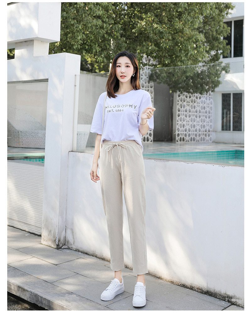 Womens Spring Summer Pants Cotton Linen Solid Elastic waist Candy Colors Harem Trousers Soft high quality for Female ladys S-XXL
