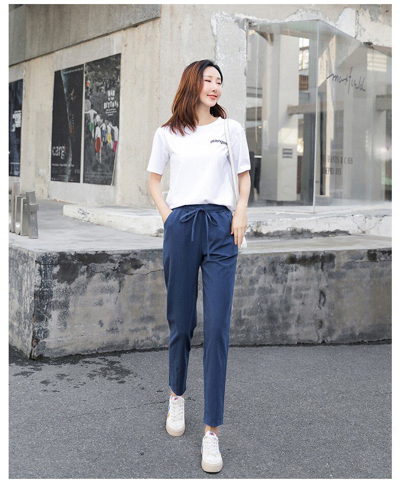 Womens Spring Summer Pants Cotton Linen Solid Elastic waist Candy Colors Harem Trousers Soft high quality for Female ladys S-XXL