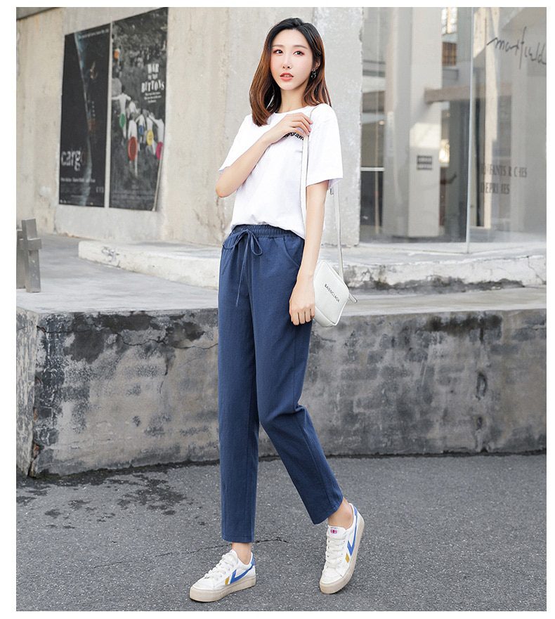 Womens Spring Summer Pants Cotton Linen Solid Elastic waist Candy Colors Harem Trousers Soft high quality for Female ladys S-XXL