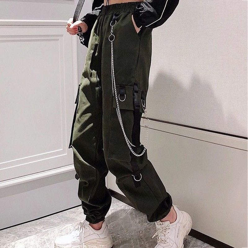 Women Cargo Pants 2021 Harem Pants Fashion Punk Pockets Jogger Trousers With Chain Harajuku Elastics High Waist Streetwear