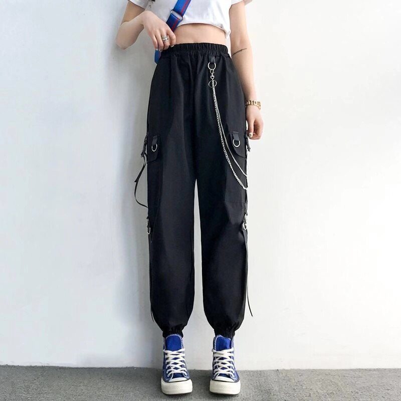 Women Cargo Pants 2021 Harem Pants Fashion Punk Pockets Jogger Trousers With Chain Harajuku Elastics High Waist Streetwear