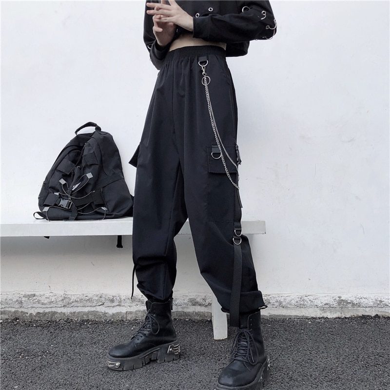 Women Cargo Pants 2021 Harem Pants Fashion Punk Pockets Jogger Trousers With Chain Harajuku Elastics High Waist Streetwear