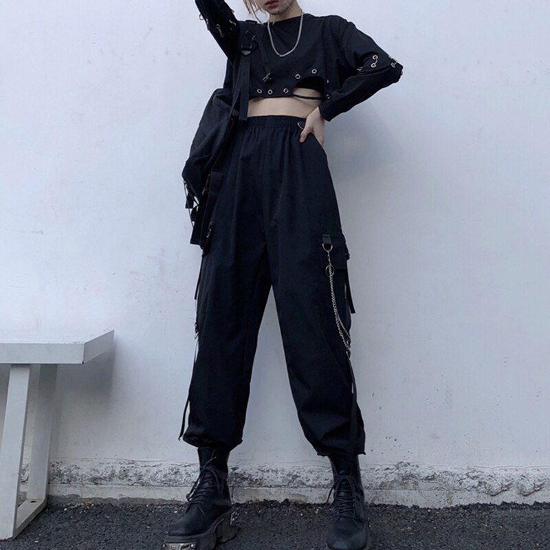 Women Cargo Pants 2021 Harem Pants Fashion Punk Pockets Jogger Trousers With Chain Harajuku Elastics High Waist Streetwear