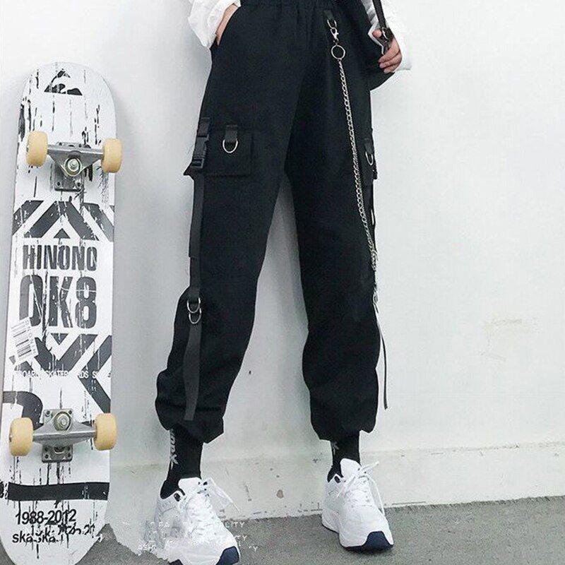 Women Cargo Pants 2021 Harem Pants Fashion Punk Pockets Jogger Trousers With Chain Harajuku Elastics High Waist Streetwear