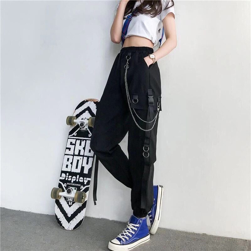 Women Cargo Pants 2021 Harem Pants Fashion Punk Pockets Jogger Trousers With Chain Harajuku Elastics High Waist Streetwear