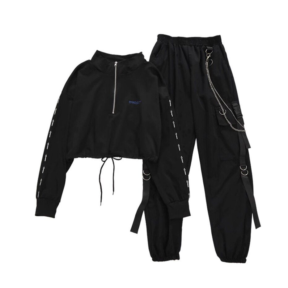 Women Cargo Pants 2021 Harem Pants Fashion Punk Pockets Jogger Trousers With Chain Harajuku Elastics High Waist Streetwear