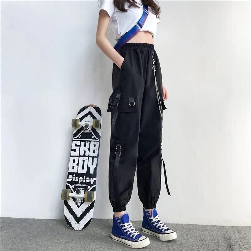 Women Cargo Pants 2021 Harem Pants Fashion Punk Pockets Jogger Trousers With Chain Harajuku Elastics High Waist Streetwear