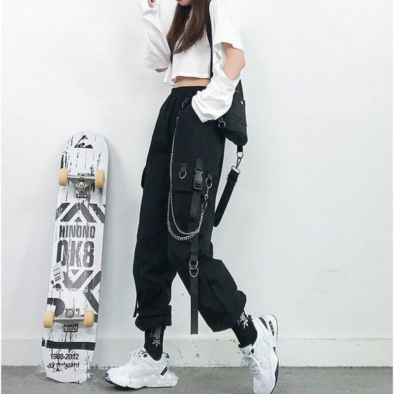 Women Cargo Pants 2021 Harem Pants Fashion Punk Pockets Jogger Trousers With Chain Harajuku Elastics High Waist Streetwear