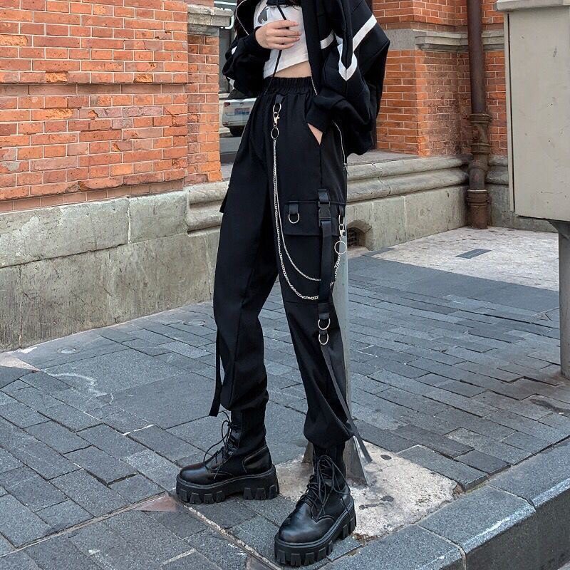 Women Cargo Pants 2021 Harem Pants Fashion Punk Pockets Jogger Trousers With Chain Harajuku Elastics High Waist Streetwear