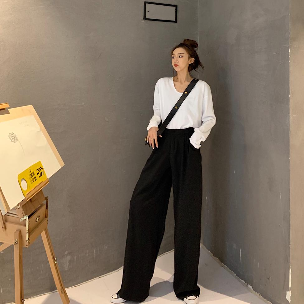 2021 Retro Solid Color Wild Straight Wide Leg Pants Female Spring New Korean Fashion High Waist Casual Long Pants