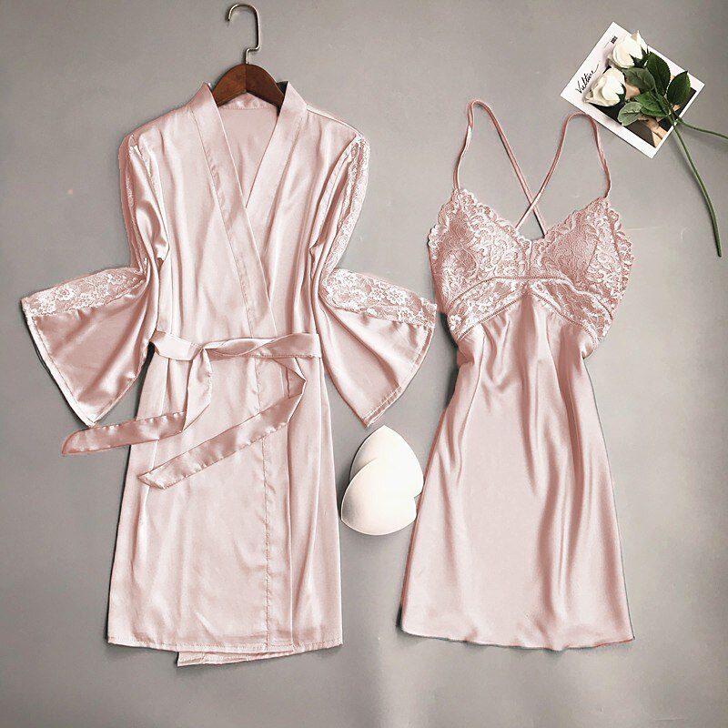 Sexy Women Rayon Kimono Bathrobe WHITE Bride Bridesmaid Wedding Robe Set Lace Trim Sleepwear Casual Home Clothes Nightwear