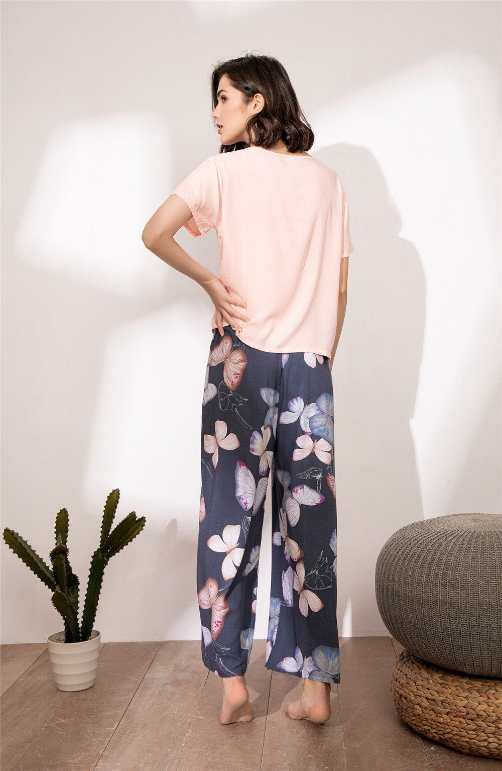 Summer Pajamas Set Women Sleepwear Female Casual Floral Printed Contrasting Color Pyjamas Tops with Long Trousers Home Clothing
