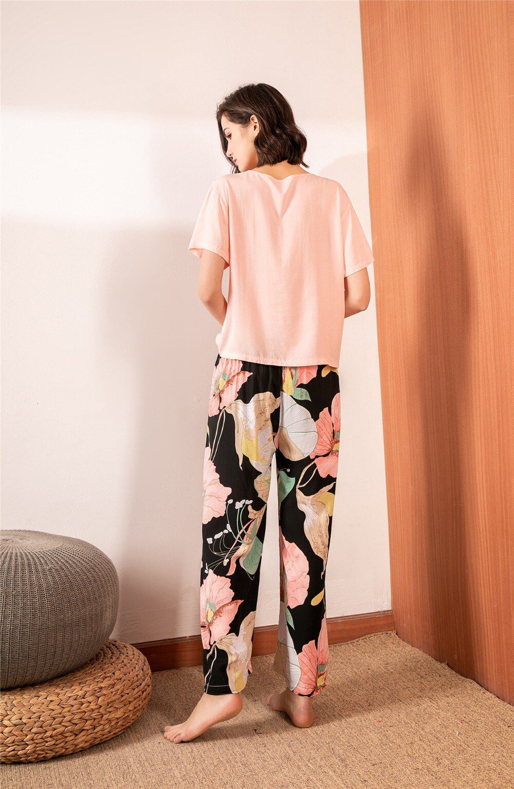 Summer Pajamas Set Women Sleepwear Female Casual Floral Printed Contrasting Color Pyjamas Tops with Long Trousers Home Clothing