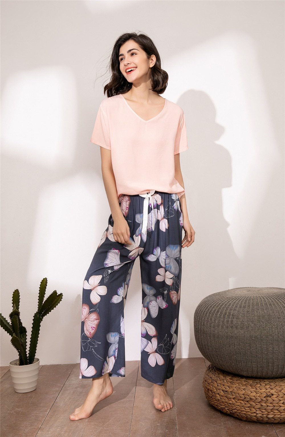 Summer Pajamas Set Women Sleepwear Female Casual Floral Printed Contrasting Color Pyjamas Tops with Long Trousers Home Clothing