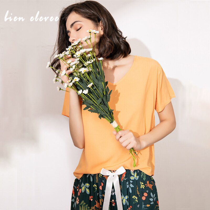 Summer Pajamas Set Women Sleepwear Female Casual Floral Printed Contrasting Color Pyjamas Tops with Long Trousers Home Clothing