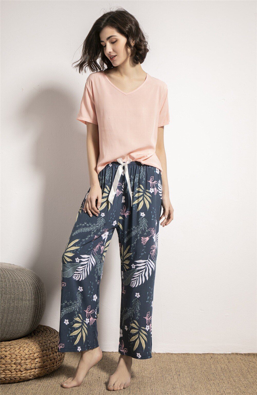 Summer Pajamas Set Women Sleepwear Female Casual Floral Printed Contrasting Color Pyjamas Tops with Long Trousers Home Clothing