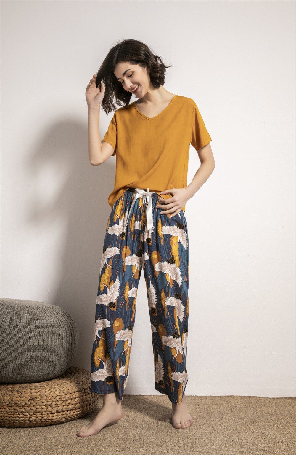 Summer Pajamas Set Women Sleepwear Female Casual Floral Printed Contrasting Color Pyjamas Tops with Long Trousers Home Clothing