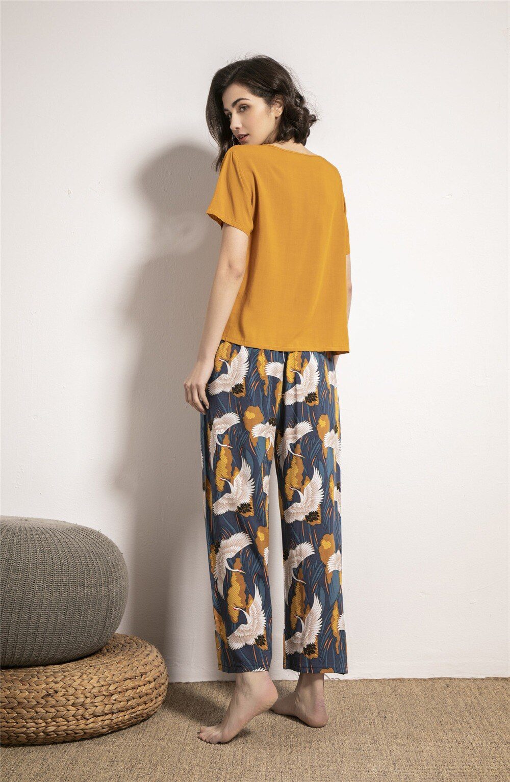 Summer Pajamas Set Women Sleepwear Female Casual Floral Printed Contrasting Color Pyjamas Tops with Long Trousers Home Clothing