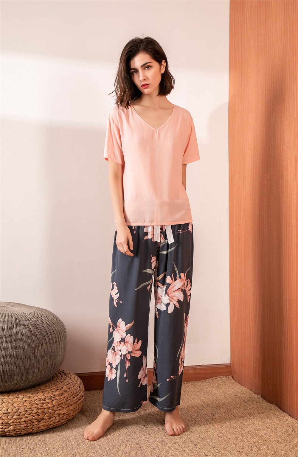 Summer Pajamas Set Women Sleepwear Female Casual Floral Printed Contrasting Color Pyjamas Tops with Long Trousers Home Clothing