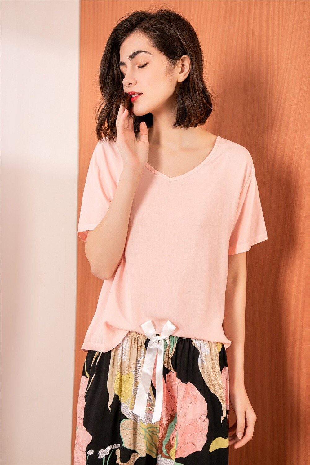 Summer Pajamas Set Women Sleepwear Female Casual Floral Printed Contrasting Color Pyjamas Tops with Long Trousers Home Clothing