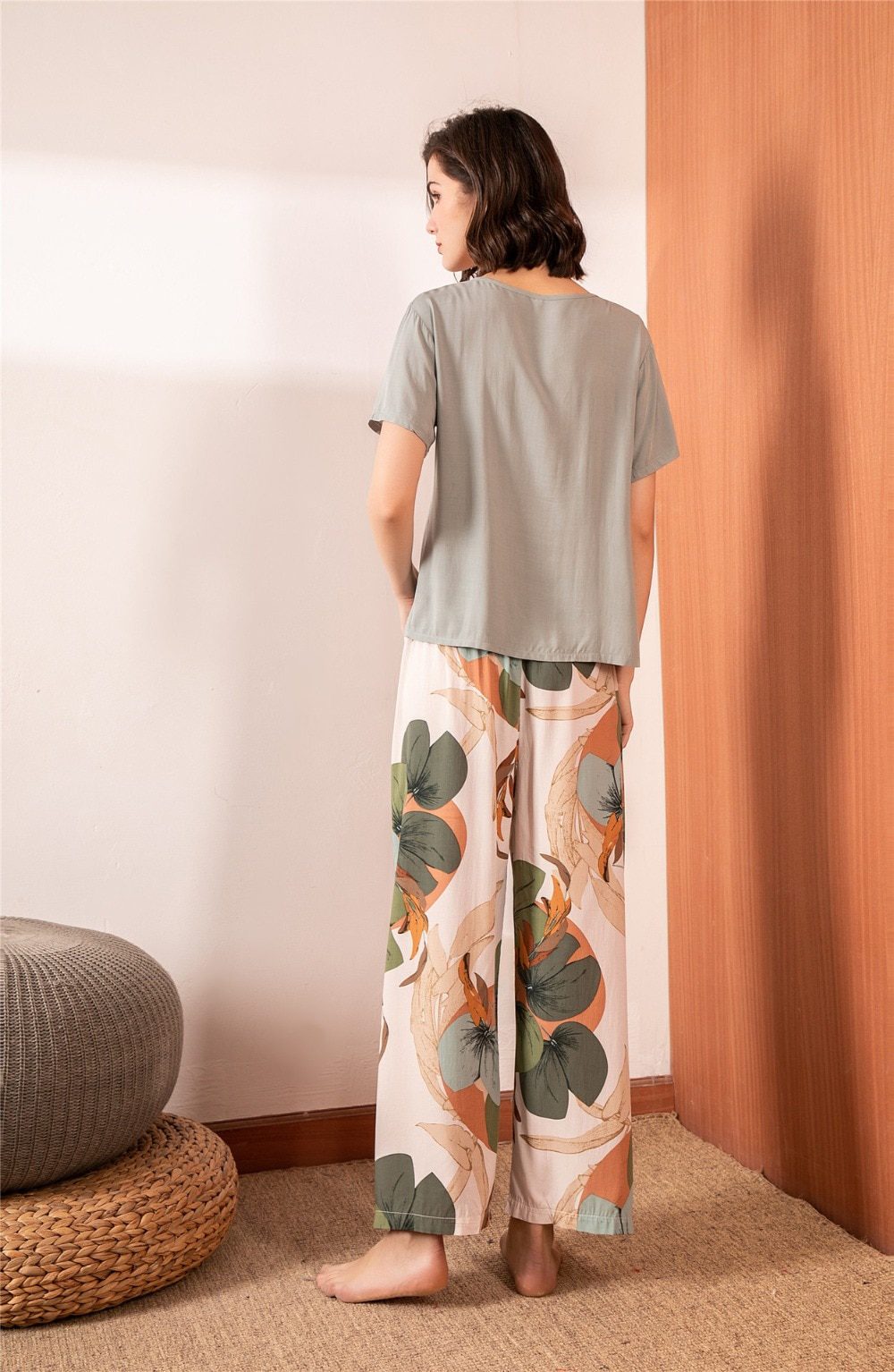 Summer Pajamas Set Women Sleepwear Female Casual Floral Printed Contrasting Color Pyjamas Tops with Long Trousers Home Clothing