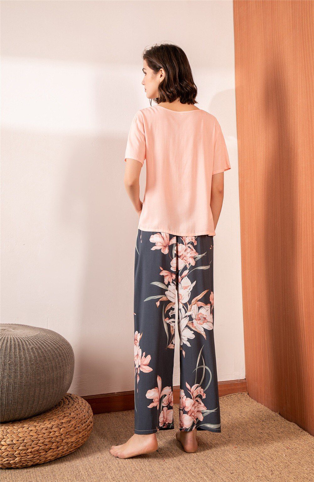 Summer Pajamas Set Women Sleepwear Female Casual Floral Printed Contrasting Color Pyjamas Tops with Long Trousers Home Clothing