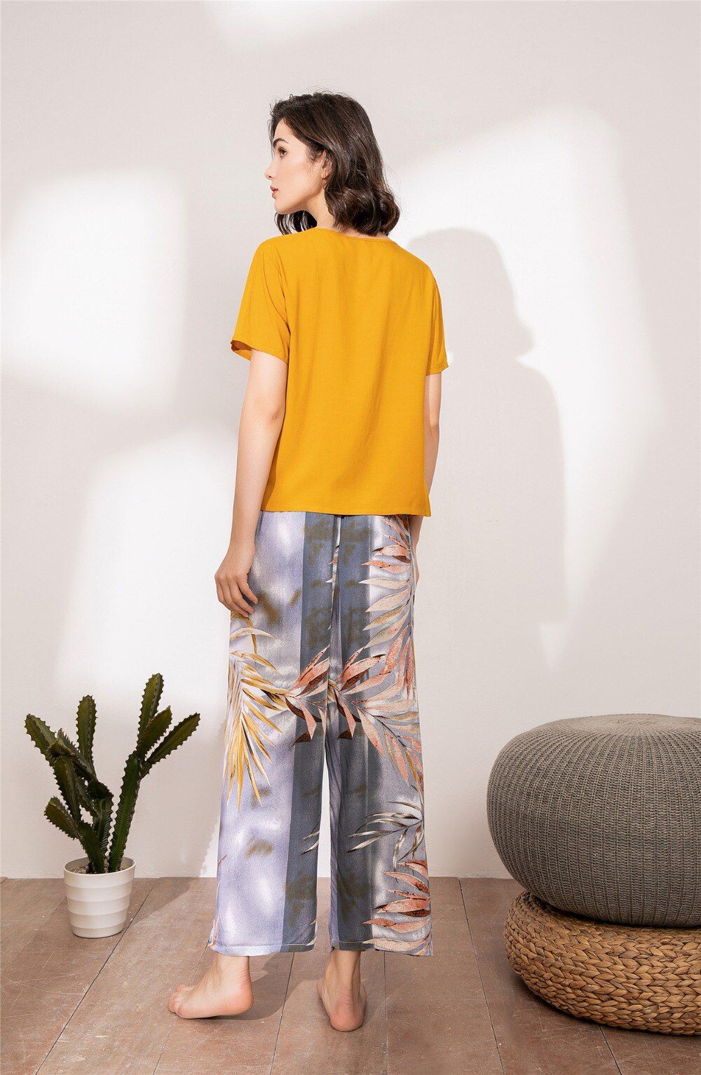 Summer Pajamas Set Women Sleepwear Female Casual Floral Printed Contrasting Color Pyjamas Tops with Long Trousers Home Clothing