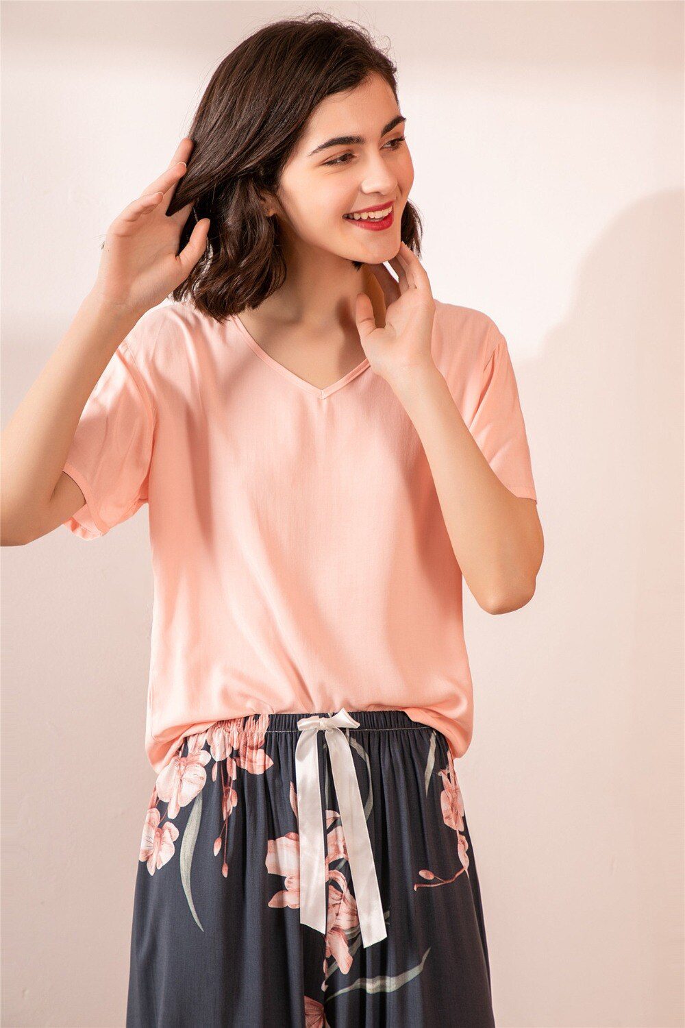 Summer Pajamas Set Women Sleepwear Female Casual Floral Printed Contrasting Color Pyjamas Tops with Long Trousers Home Clothing