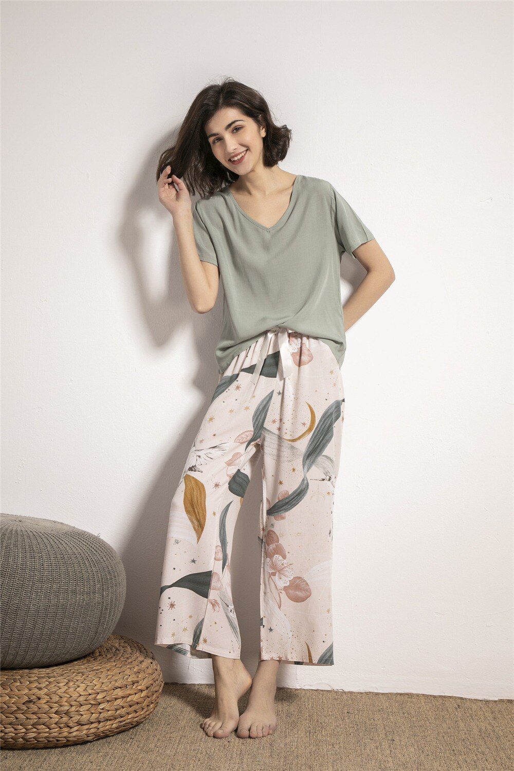 Summer Pajamas Set Women Sleepwear Female Casual Floral Printed Contrasting Color Pyjamas Tops with Long Trousers Home Clothing