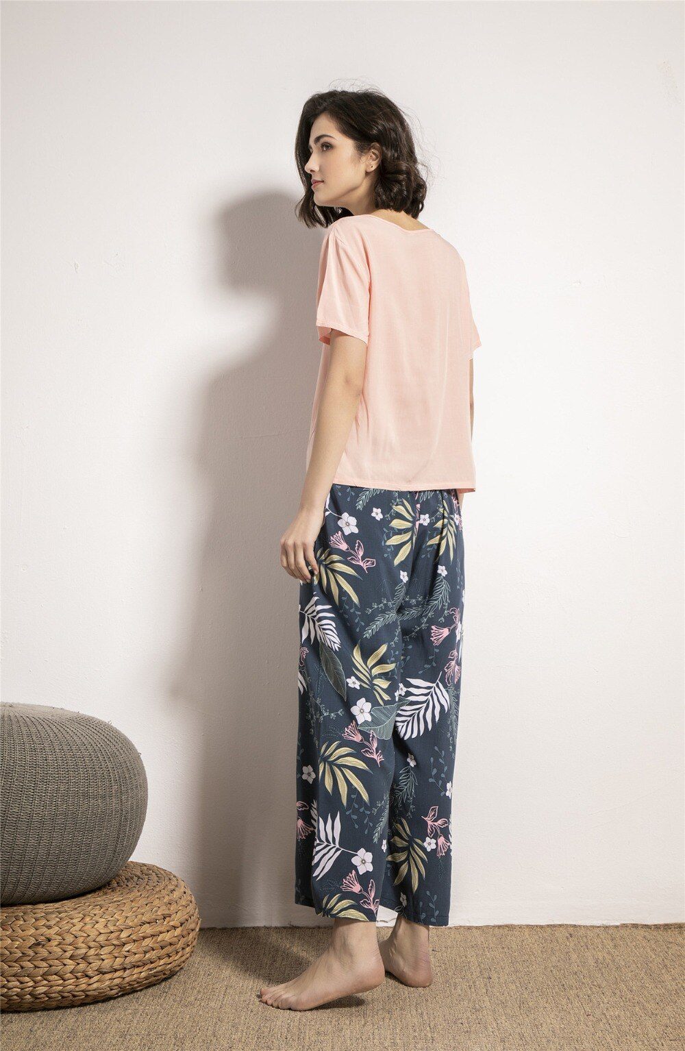 Summer Pajamas Set Women Sleepwear Female Casual Floral Printed Contrasting Color Pyjamas Tops with Long Trousers Home Clothing