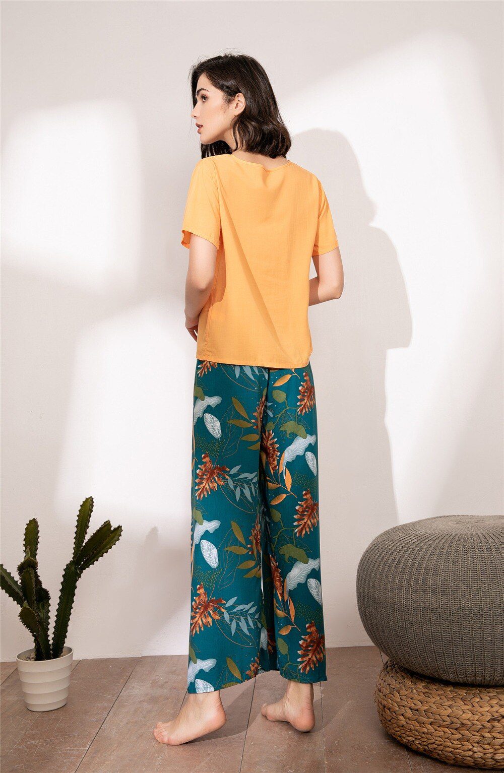 Summer Pajamas Set Women Sleepwear Female Casual Floral Printed Contrasting Color Pyjamas Tops with Long Trousers Home Clothing