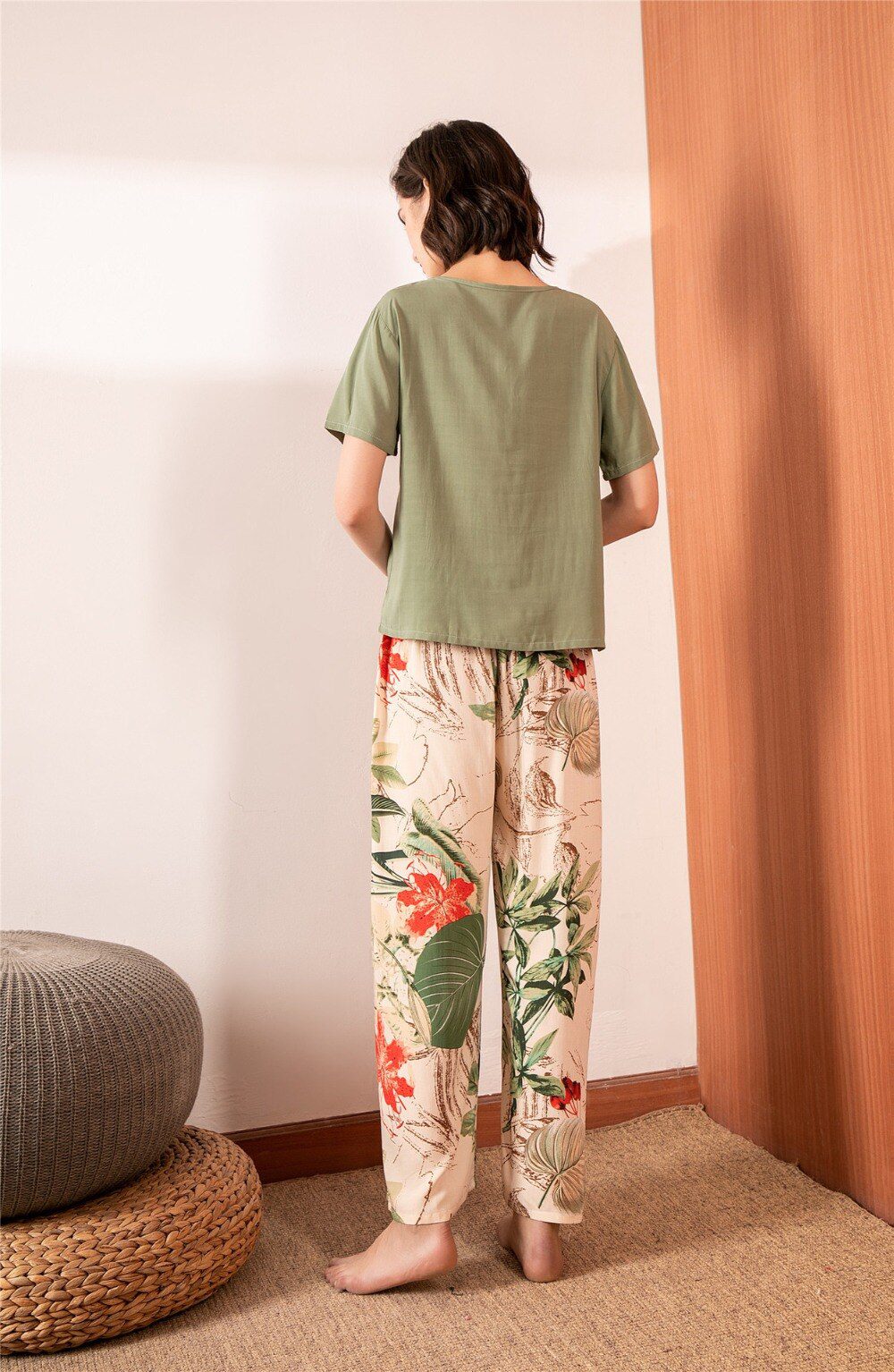 Summer Pajamas Set Women Sleepwear Female Casual Floral Printed Contrasting Color Pyjamas Tops with Long Trousers Home Clothing