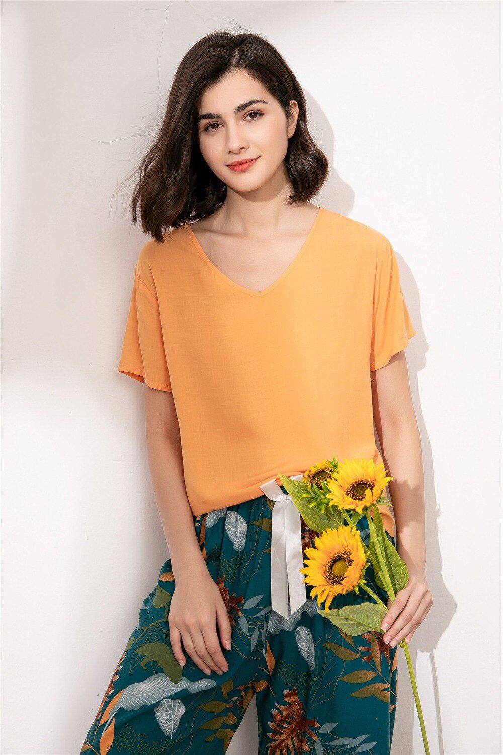 Summer Pajamas Set Women Sleepwear Female Casual Floral Printed Contrasting Color Pyjamas Tops with Long Trousers Home Clothing